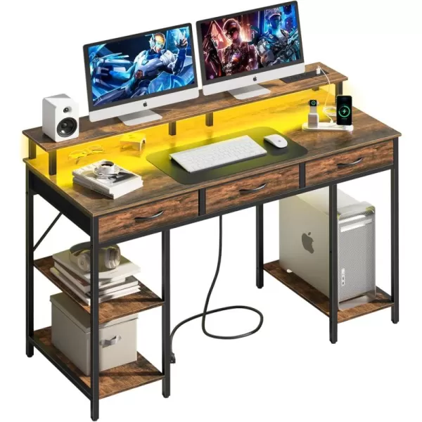 Yoobure Computer Desk with Drawers Office Desk with LED Lights ampamp Outlets Small Desk with Storage Shelves Gaming Desk 48quot Home Office Desks with Monitor Stand Writing Desk for Bedroom Small SpacesRustic Brown