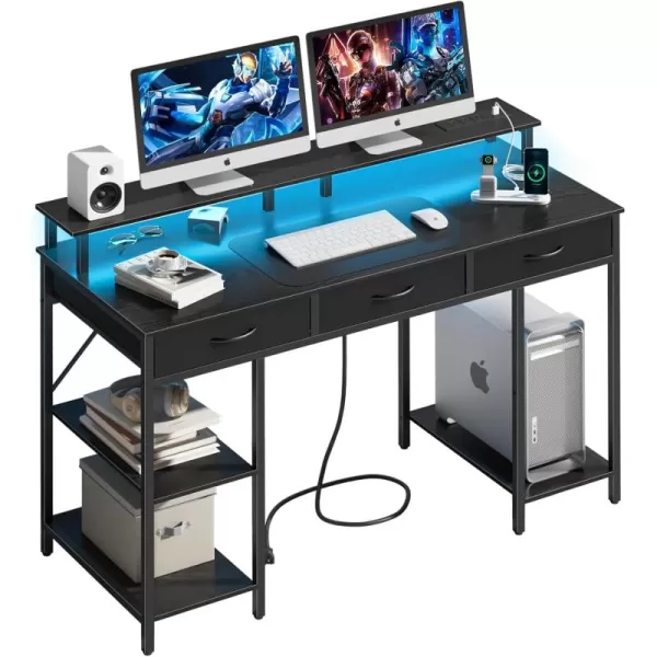 Yoobure Computer Desk with Drawers Office Desk with LED Lights ampamp Outlets Small Desk with Storage Shelves Gaming Desk 48quot Home Office Desks with Monitor Stand Writing Desk for Bedroom Small SpacesBlack