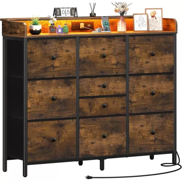 Yoobure Dresser for Bedroom with Charger Station and LED Lights Organizer Dressers ampamp Chests of Drawers with 10 Storage Drawers Bedroom Dresser for Closet White Fabric Dresser for Kids BedroomRustic Brown