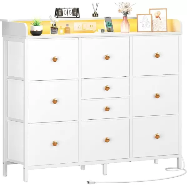 Yoobure Dresser for Bedroom with Charger Station and LED Lights Organizer Dressers ampamp Chests of Drawers with 10 Storage Drawers Bedroom Dresser for Closet White Fabric Dresser for Kids BedroomWhite