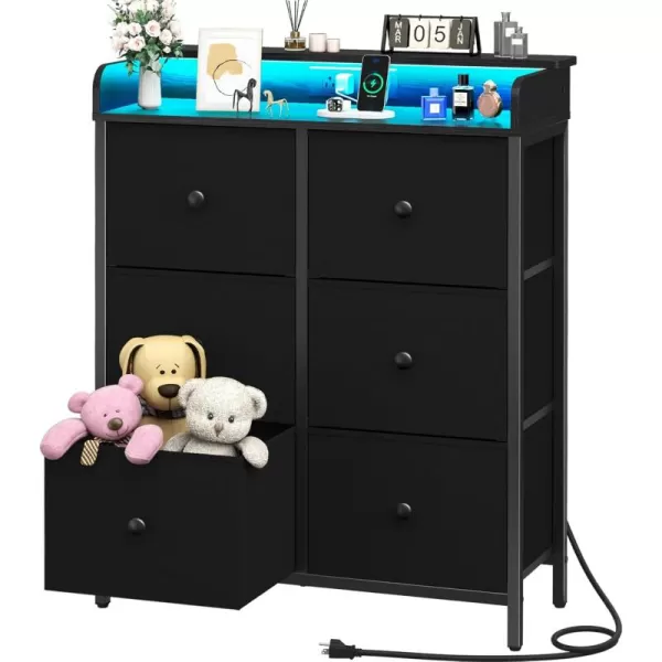 Yoobure Dresser for Bedroom with Charging Station 6Drawer Chest Furniture with LED Lights Fabric Dressers ampamp Chests of Drawers Storage Tower Organizer Unit for Kids Room Closet Living Room HallwayBlack