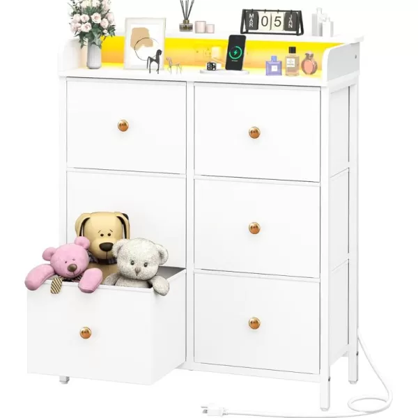 Yoobure Dresser for Bedroom with Charging Station 6Drawer Chest Furniture with LED Lights Fabric Dressers ampamp Chests of Drawers Storage Tower Organizer Unit for Kids Room Closet Living Room HallwayWhite
