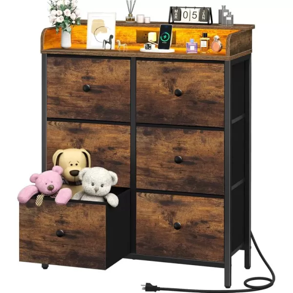 Yoobure Dresser for Bedroom with Charging Station 6Drawer Chest Furniture with LED Lights Fabric Dressers ampamp Chests of Drawers Storage Tower Organizer Unit for Kids Room Closet Living Room HallwayRetro Brown