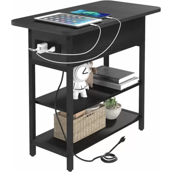 Yoobure End Table with Charging Station Flip Top Side Table with USB Ports and Outlets Sofa Couch Table Bedside Table for Living Room Bedroom Narrow Nightstand with Storage Shelves for Small SpaceBlack
