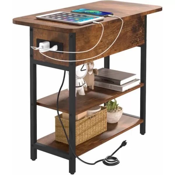 Yoobure End Table with Charging Station Flip Top Side Table with USB Ports and Outlets Sofa Couch Table Bedside Table for Living Room Bedroom Narrow Nightstand with Storage Shelves for Small SpaceBerry Brown