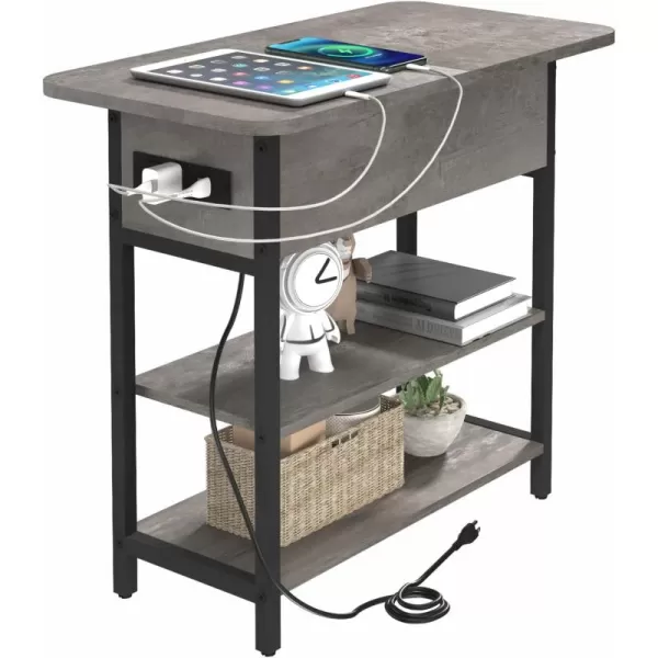 Yoobure End Table with Charging Station Flip Top Side Table with USB Ports and Outlets Sofa Couch Table Bedside Table for Living Room Bedroom Narrow Nightstand with Storage Shelves for Small SpaceGrey