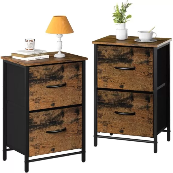 Yoobure Fabric Nightstand Set of 2  Small Wood Bedside Tables with Storage Drawers for Bedrooms and DormsRustic Brown