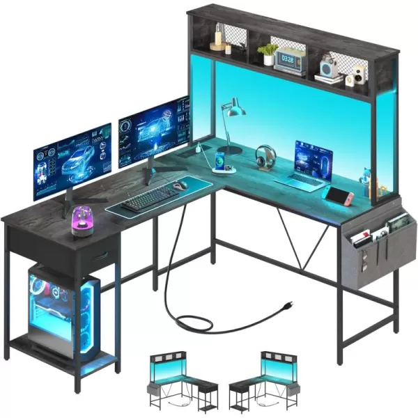 Yoobure L Shaped Desk Gaming Desk with LED Strip ampamp Power Outlet Reversible LShaped Computer Desk with Storage Shelf ampamp Drawer Corner Desk with Storage Bag 2 Person Home Office Desk BlackGrey