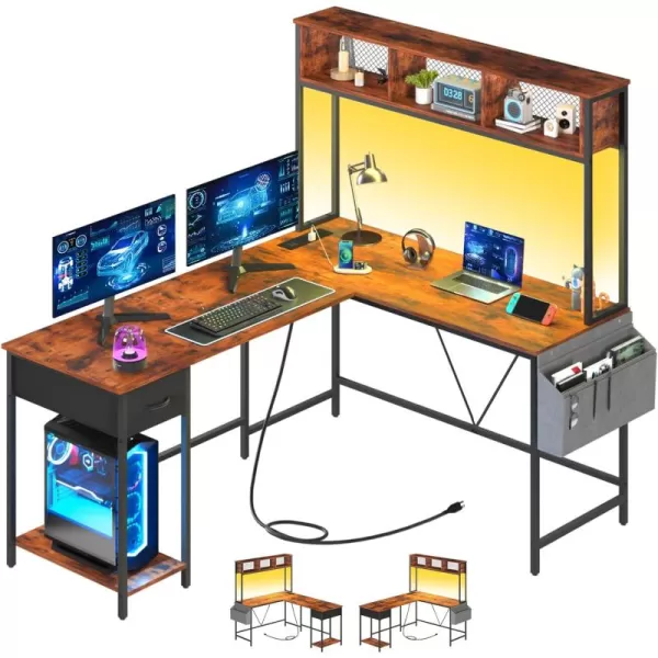 Yoobure L Shaped Desk Gaming Desk with LED Strip ampamp Power Outlet Reversible LShaped Computer Desk with Storage Shelf ampamp Drawer Corner Desk with Storage Bag 2 Person Home Office Desk BlackBerry Brown