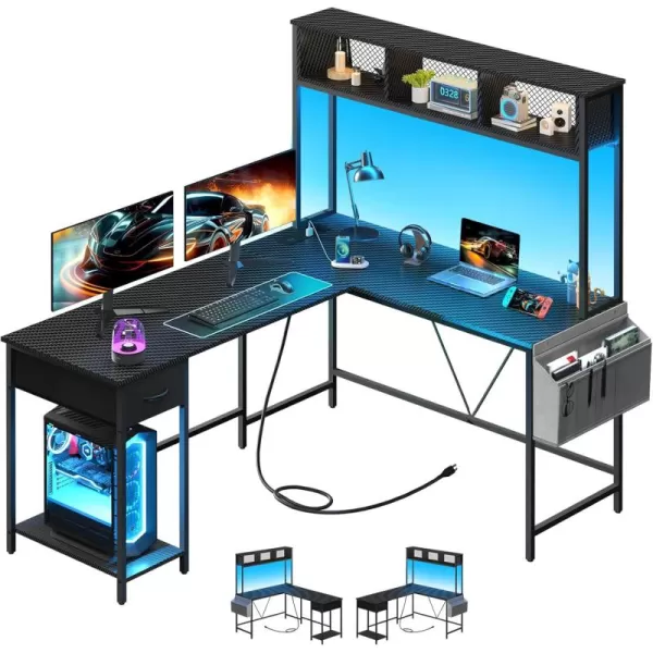Yoobure L Shaped Desk Gaming Desk with LED Strip ampamp Power Outlet Reversible LShaped Computer Desk with Storage Shelf ampamp Drawer Corner Desk with Storage Bag 2 Person Home Office Desk BlackCarbon Fiber Black