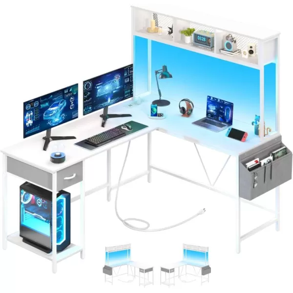Yoobure L Shaped Desk Gaming Desk with LED Strip ampamp Power Outlet Reversible LShaped Computer Desk with Storage Shelf ampamp Drawer Corner Desk with Storage Bag 2 Person Home Office Desk BlackWhite