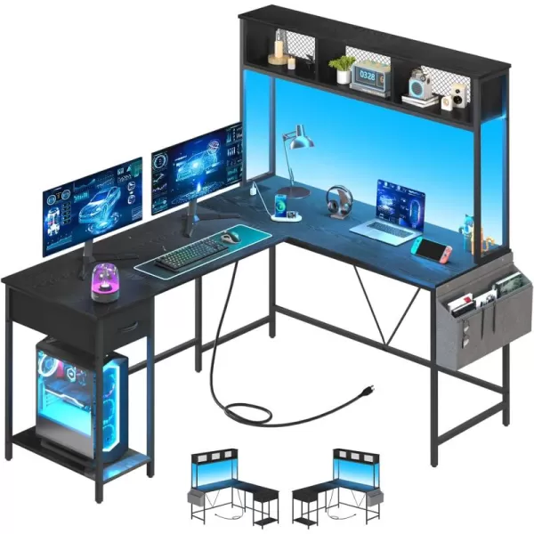 Yoobure L Shaped Desk Gaming Desk with LED Strip ampamp Power Outlet Reversible LShaped Computer Desk with Storage Shelf ampamp Drawer Corner Desk with Storage Bag 2 Person Home Office Desk BlackBlack