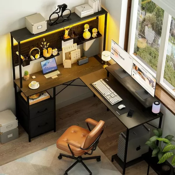 Yoobure L Shaped Desk with Pegboard Reversible Gaming Desk with LED Lights ampamp Power Outlets Computer Desk with Drawers ampamp Storage Shelves Office Desk with Monitor Stand Corner Desk Home Office DesksBlack