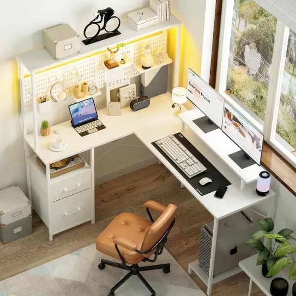 Yoobure L Shaped Desk with Pegboard Reversible Gaming Desk with LED Lights ampamp Power Outlets Computer Desk with Drawers ampamp Storage Shelves Office Desk with Monitor Stand Corner Desk Home Office DesksWhite