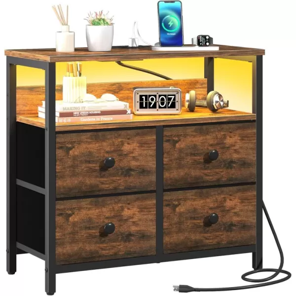 Yoobure Night Stand with Charge Station Nightstand with 4 Drawers Bedside Table LED Dresser with Storage Shelf Night Stands for Bedroom Side Table 3Tier Wood End Table for Home Office WhiteRustic Brown