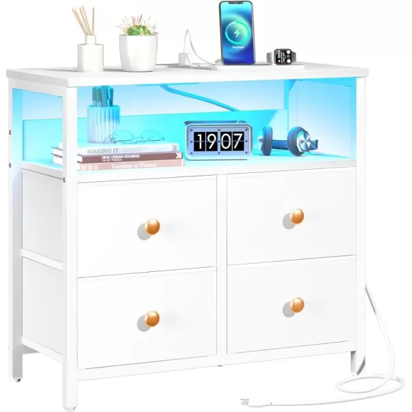 Yoobure Night Stand with Charge Station Nightstand with 4 Drawers Bedside Table LED Dresser with Storage Shelf Night Stands for Bedroom Side Table 3Tier Wood End Table for Home Office WhiteWhite