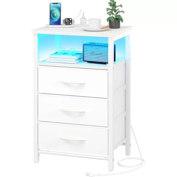 Yoobure Night Stand with Charging Station 16 Colors LED Nightstand with USB Ports and Outlets End Table with 3 Fabric Drawers and Storage Shelf Bedside Tables Small Dresser for Small Space WhiteWhite