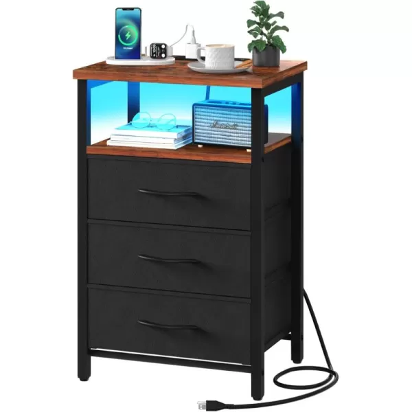 Yoobure Night Stand with Charging Station 16 Colors LED Nightstand with USB Ports and Outlets End Table with 3 Fabric Drawers and Storage Shelf Bedside Tables Small Dresser for Small Space WhiteBlackbrown