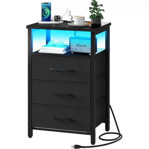 Yoobure Night Stand with Charging Station 16 Colors LED Nightstand with USB Ports and Outlets End Table with 3 Fabric Drawers and Storage Shelf Bedside Tables Small Dresser for Small Space WhiteBlack