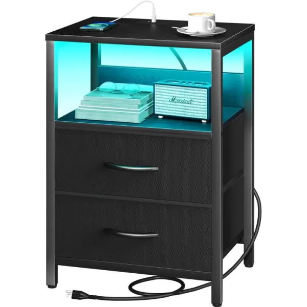 Yoobure Nightstand with Charging Station LED Night Stand with Fabric Drawers and Storage Shelf for Bedroom Nightstands Bedside Tables with USB Ports ampamp Outlets Small Night Stands Bed Side TableBlack