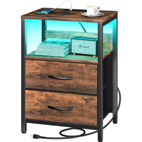 Yoobure Nightstand with Charging Station LED Night Stand with Fabric Drawers and Storage Shelf for Bedroom Nightstands Bedside Tables with USB Ports ampamp Outlets Small Night Stands Bed Side TableVintage Brown