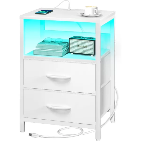 Yoobure Nightstand with Charging Station LED Night Stand with Fabric Drawers and Storage Shelf for Bedroom Nightstands Bedside Tables with USB Ports ampamp Outlets Small Night Stands Bed Side TableWhite