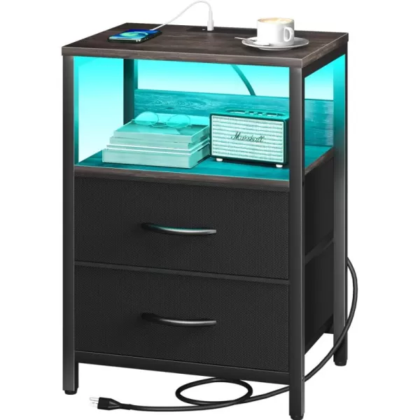 Yoobure Nightstand with Charging Station LED Night Stand with Fabric Drawers and Storage Shelf for Bedroom Nightstands Bedside Tables with USB Ports ampamp Outlets Small Night Stands Bed Side TableCharcoal GrayBlack