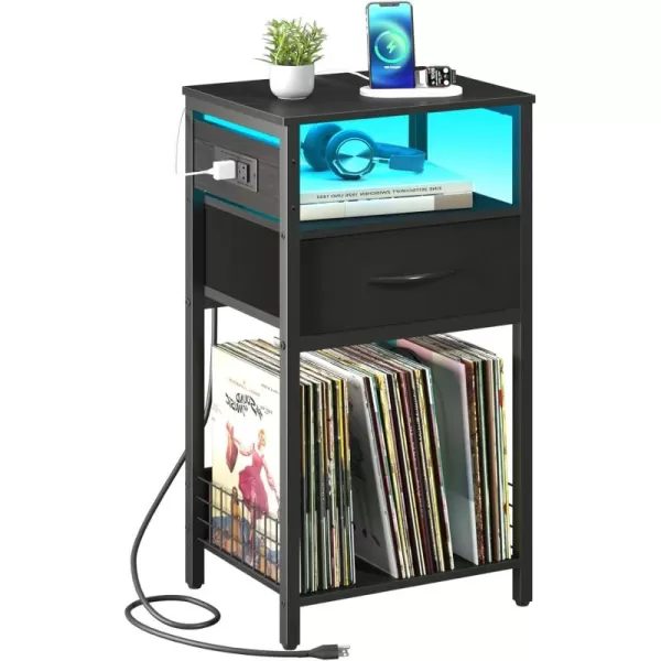Yoobure Side Table  Night Stand with Charger Station ampamp LED Light 3 Tier Small End Table Living Room Bedside Table with Drawer Record Player Stand with Vinyl Storage White Nightstand for BedroomBlack