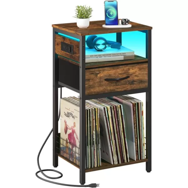 Yoobure Side Table  Night Stand with Charger Station ampamp LED Light 3 Tier Small End Table Living Room Bedside Table with Drawer Record Player Stand with Vinyl Storage White Nightstand for BedroomRustic Brown