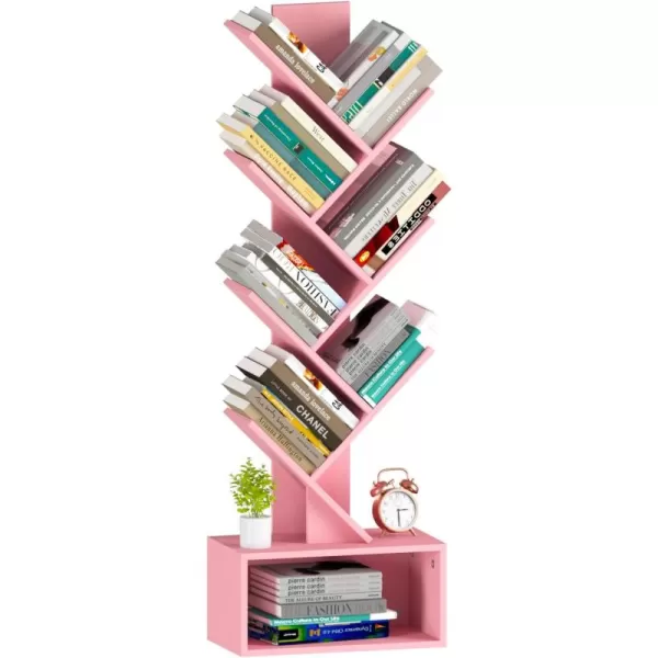 Yoobure Tree Bookshelf  6 Shelf Retro Floor Standing Bookcase Tall Wood Book Storage Rack for CDsMoviesBooks Utility Book Organizer Shelves for Bedroom Living Room Home OfficePink