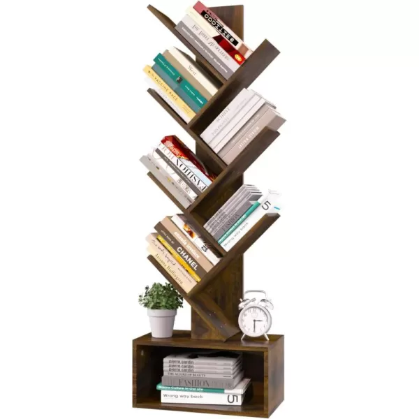 Yoobure Tree Bookshelf  6 Shelf Retro Floor Standing Bookcase Tall Wood Book Storage Rack for CDsMoviesBooks Utility Book Organizer Shelves for Bedroom Living Room Home OfficeRustic Brown