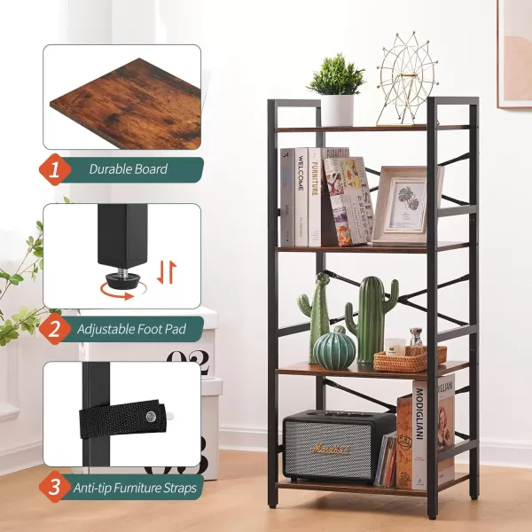 Yoobure 4 Tier Bookshelf  Small Book Shelf Industrial Bookcase Narrow Book Case Book Storage Organizer for CDMovieBook Bookshelves for Bedroom Office Living Room Berry BrownBerry Brown
