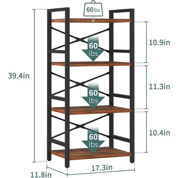 Yoobure 4 Tier Bookshelf  Small Book Shelf Industrial Bookcase Narrow Book Case Book Storage Organizer for CDMovieBook Bookshelves for Bedroom Office Living Room Berry BrownBerry Brown