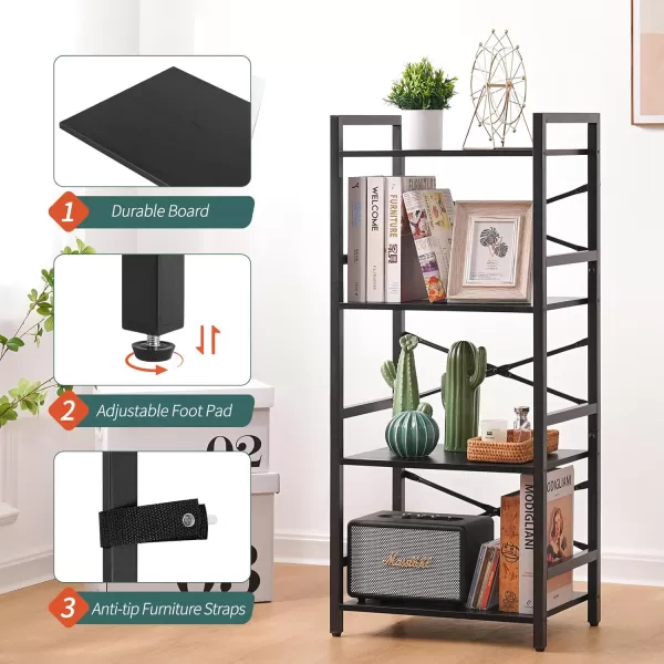 Yoobure 4 Tier Bookshelf  Small Book Shelf Industrial Bookcase Narrow Book Case Book Storage Organizer for CDMovieBook Bookshelves for Bedroom Office Living Room Berry BrownBlack