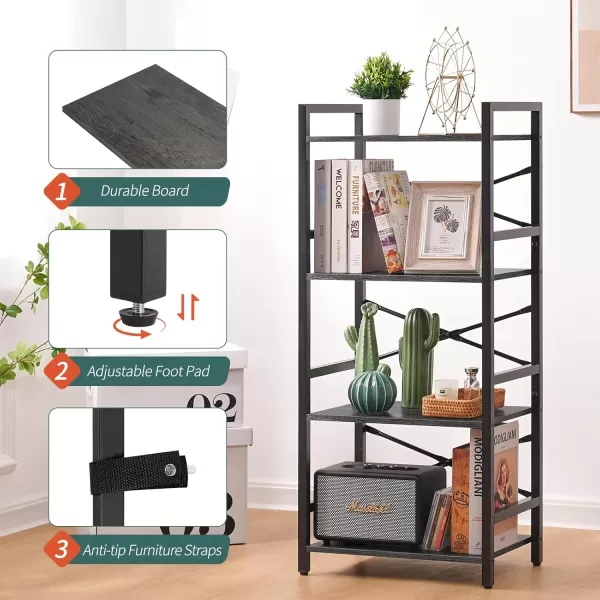 Yoobure 4 Tier Bookshelf  Small Book Shelf Industrial Bookcase Narrow Book Case Book Storage Organizer for CDMovieBook Bookshelves for Bedroom Office Living Room Berry BrownCharcoal Gray