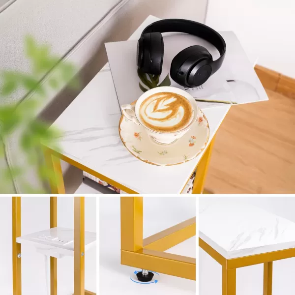 Yoobure C Shaped End Table with Charging Station Small Side Tables for Living Room Bedroom Sofa Table with USB Ports and Outlets for Small Spaces C Couch Table Rustic Snack Table Bed Side TableMarble White
