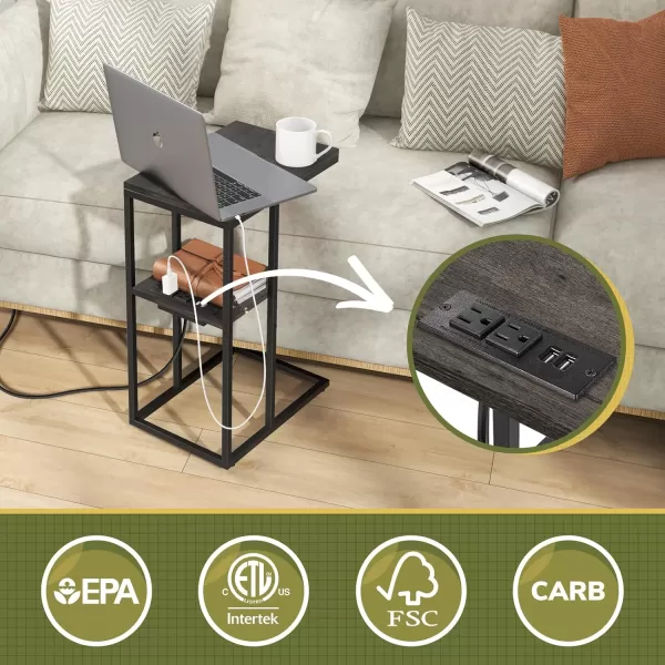 Yoobure C Shaped End Table with Charging Station Small Side Tables for Living Room Bedroom Sofa Table with USB Ports and Outlets for Small Spaces C Couch Table Rustic Snack Table Bed Side TableCharcoal Gray