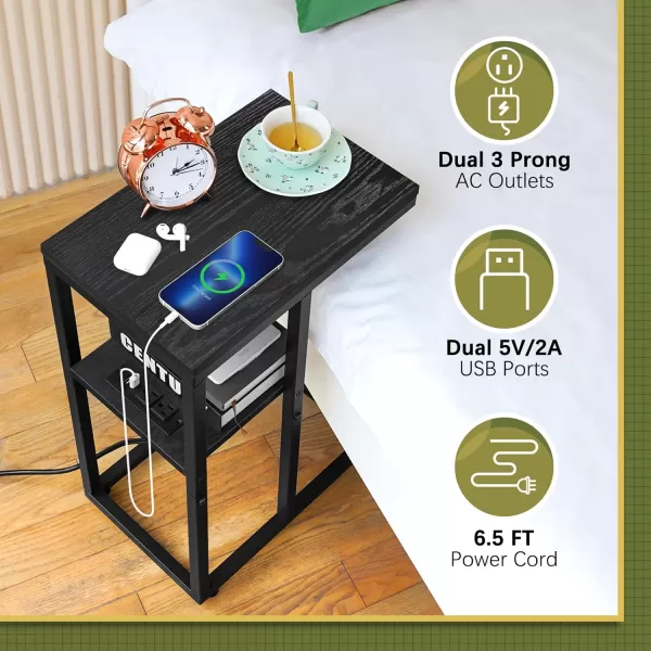 Yoobure C Shaped End Table with Charging Station Small Side Tables for Living Room Bedroom Sofa Table with USB Ports and Outlets for Small Spaces C Couch Table Rustic Snack Table Bed Side TableBlack
