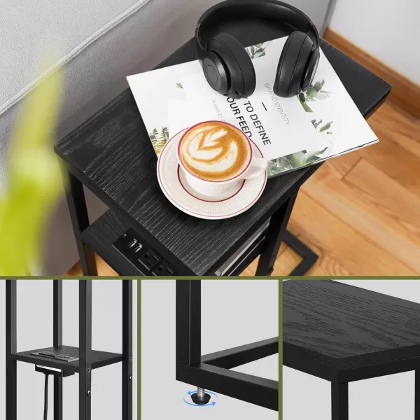 Yoobure C Shaped End Table with Charging Station Small Side Tables for Living Room Bedroom Sofa Table with USB Ports and Outlets for Small Spaces C Couch Table Rustic Snack Table Bed Side TableBlack