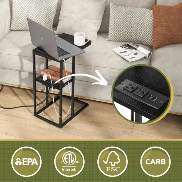 Yoobure C Shaped End Table with Charging Station Small Side Tables for Living Room Bedroom Sofa Table with USB Ports and Outlets for Small Spaces C Couch Table Rustic Snack Table Bed Side TableBlack