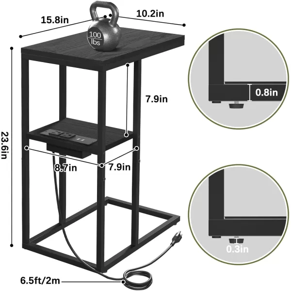 Yoobure C Shaped End Table with Charging Station Small Side Tables for Living Room Bedroom Sofa Table with USB Ports and Outlets for Small Spaces C Couch Table Rustic Snack Table Bed Side TableBlack
