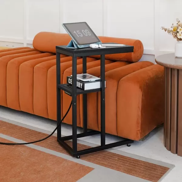 Yoobure C Shaped End Table with Charging Station Small Side Tables for Living Room Bedroom Sofa Table with USB Ports and Outlets for Small Spaces C Couch Table Rustic Snack Table Bed Side TableBlack