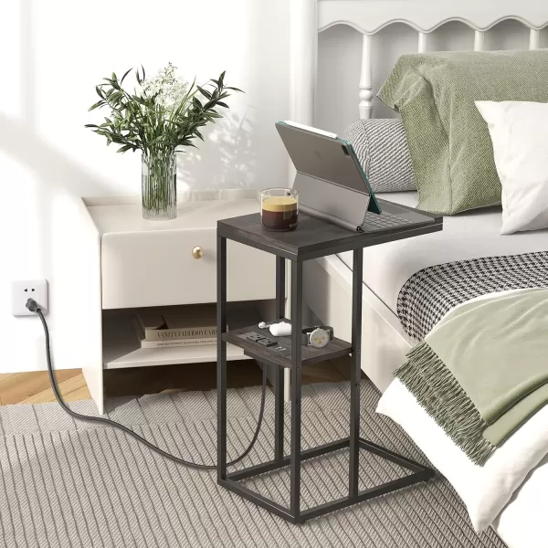 Yoobure C Shaped End Table with Charging Station Small Side Tables for Living Room Bedroom Sofa Table with USB Ports and Outlets for Small Spaces C Couch Table Rustic Snack Table Bed Side TableCharcoal Gray