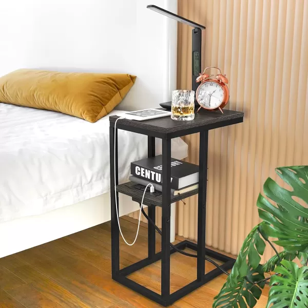 Yoobure C Shaped End Table with Charging Station Small Side Tables for Living Room Bedroom Sofa Table with USB Ports and Outlets for Small Spaces C Couch Table Rustic Snack Table Bed Side TableCharcoal Gray