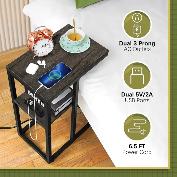 Yoobure C Shaped End Table with Charging Station Small Side Tables for Living Room Bedroom Sofa Table with USB Ports and Outlets for Small Spaces C Couch Table Rustic Snack Table Bed Side TableCharcoal Gray