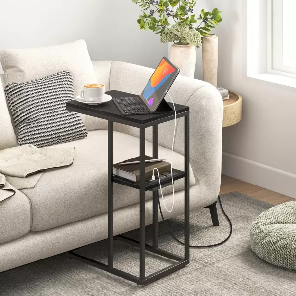 Yoobure C Shaped End Table with Charging Station Small Side Tables for Living Room Bedroom Sofa Table with USB Ports and Outlets for Small Spaces C Couch Table Rustic Snack Table Bed Side TableBlack
