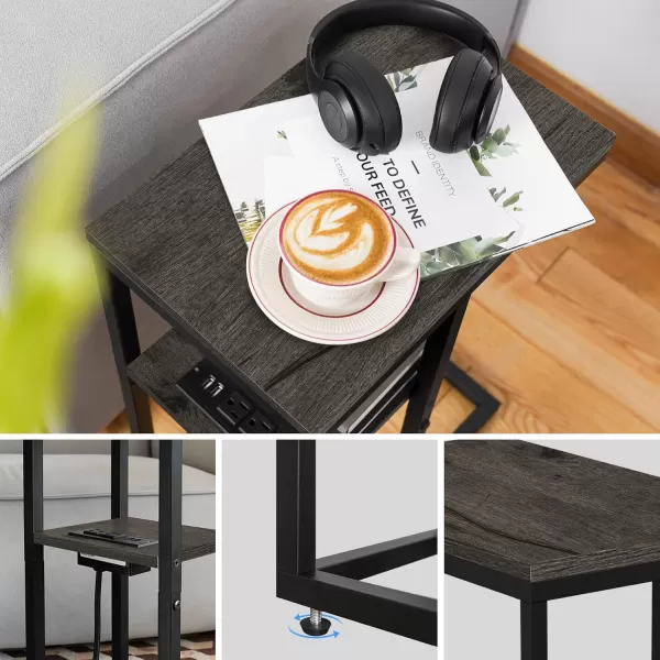 Yoobure C Shaped End Table with Charging Station Small Side Tables for Living Room Bedroom Sofa Table with USB Ports and Outlets for Small Spaces C Couch Table Rustic Snack Table Bed Side TableCharcoal Gray