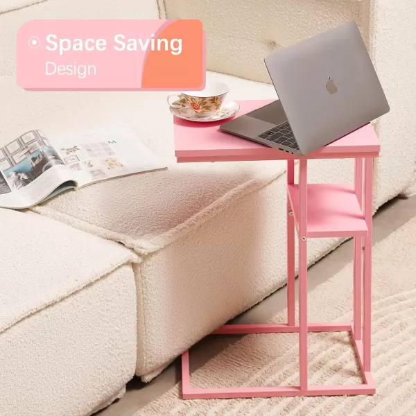 Yoobure C Shaped EndSide Table for Couch and Bed Small Spaces Living Room Bedroom Rustic Snack TablePink