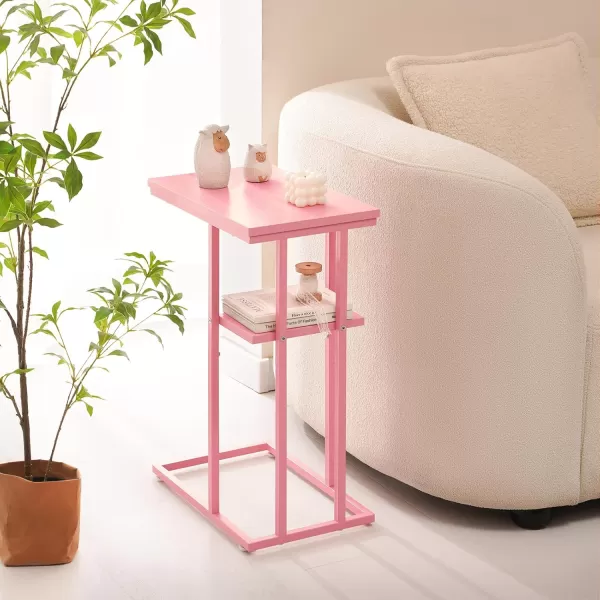 Yoobure C Shaped EndSide Table for Couch and Bed Small Spaces Living Room Bedroom Rustic Snack TablePink