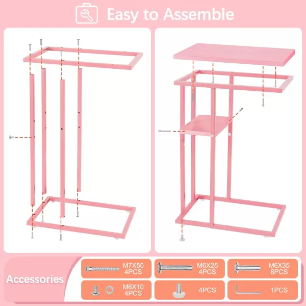 Yoobure C Shaped EndSide Table for Couch and Bed Small Spaces Living Room Bedroom Rustic Snack TablePink